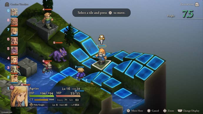 Final Fantasy Tactics remake screenshot showing grid-based battle over green fields
