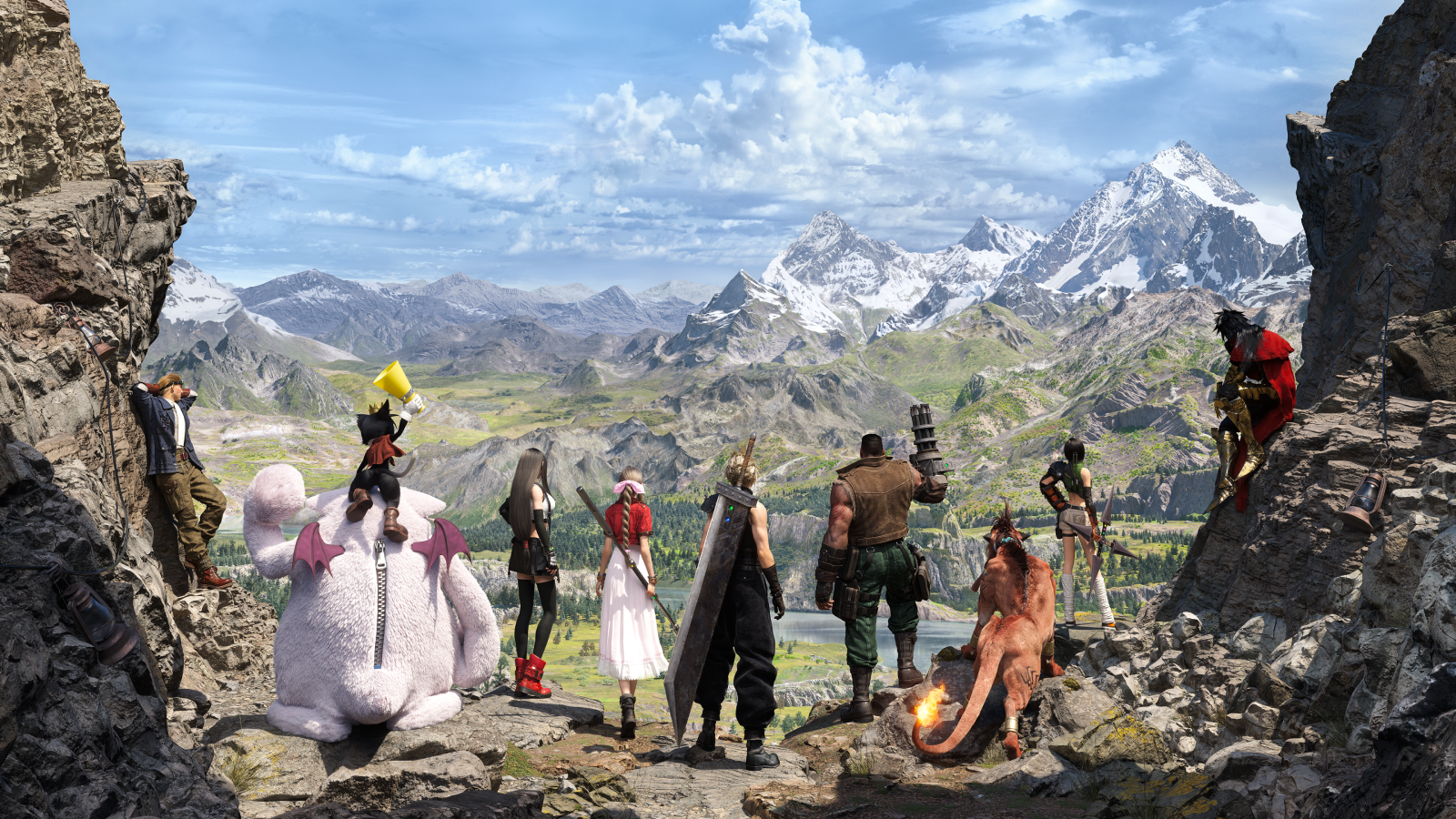 The full party of Final Fantasy 7 Rebirth facing away from us looking out over mountains