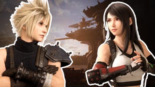 Cloud and Tifa look at each other, over the art of the Highwind ship in FF7 Rebirth