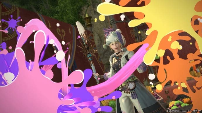 Pictomancer Job in FF14 Dawntrail with paint splats on screen
