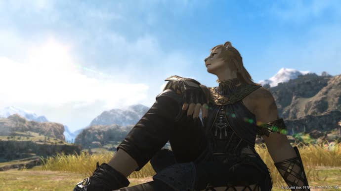 Screenshot of female Hrothgar posing on the ground in FF14