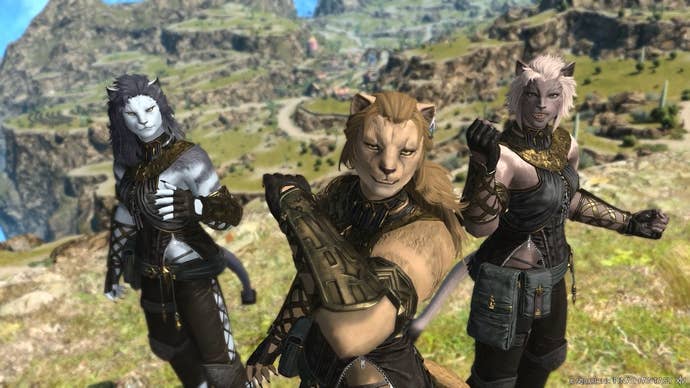 Screenshot of three female Hrothgar in FF14