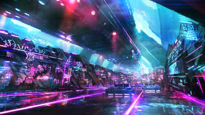 Concept art of cyberpunk city Solution Nine from FF14 Dawntrail