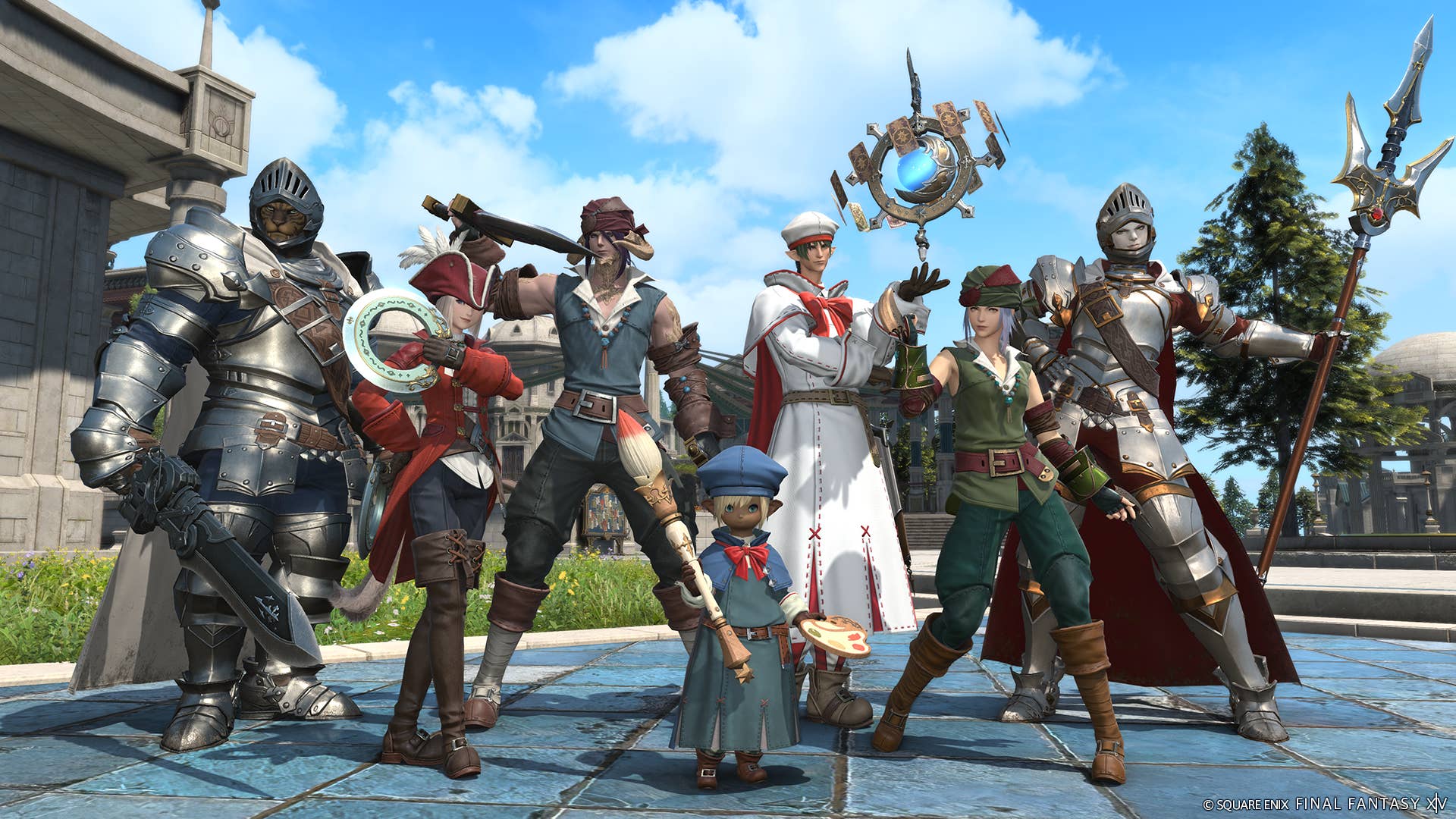 Final Fantasy 14 screenshot showing group of diverse player characters in different costumes with various weapons
