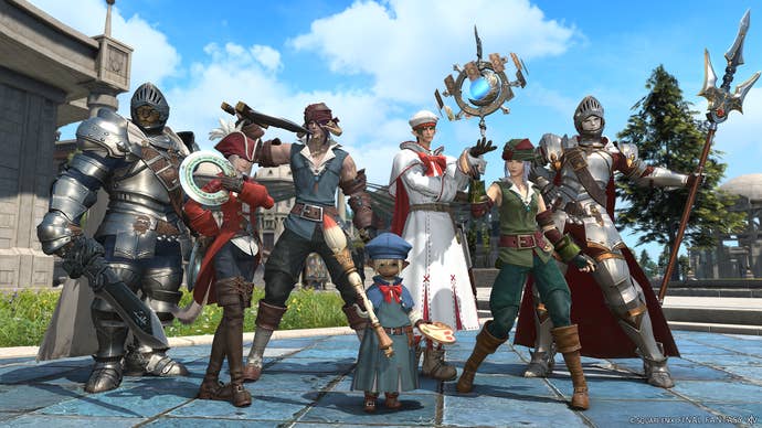 Final Fantasy 14 screenshot showing group of diverse player characters in different costumes with various weapons
