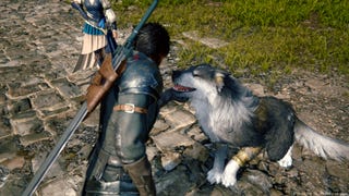 Clive pets a dog in Final Fantasy 16