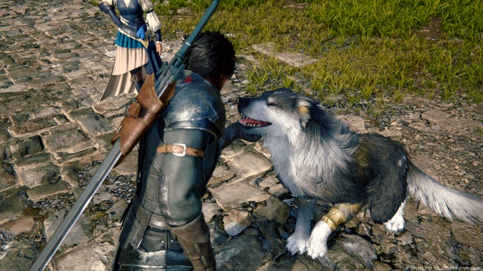 Clive pets a dog in Final Fantasy 16