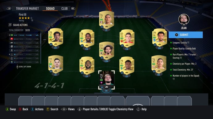 FIFA 23 First XI SBC solution showing Vinicius, Romarinho, Felipe Anderson, Oscar, Gerson, Willian Arao, Danilo, Mauro Junior, Marcao, Matheus Reis, and Jean in an Ultimate Team squad.