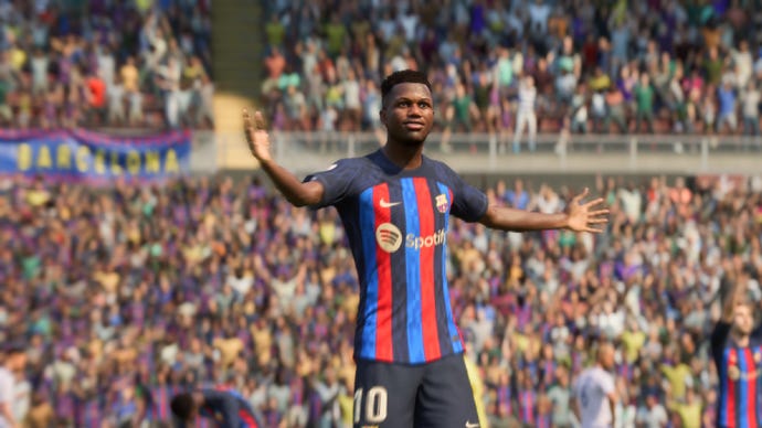 FIFA 23 screenshot showing Ansu Fati celebrating with outstretched arms in front of a crowd.