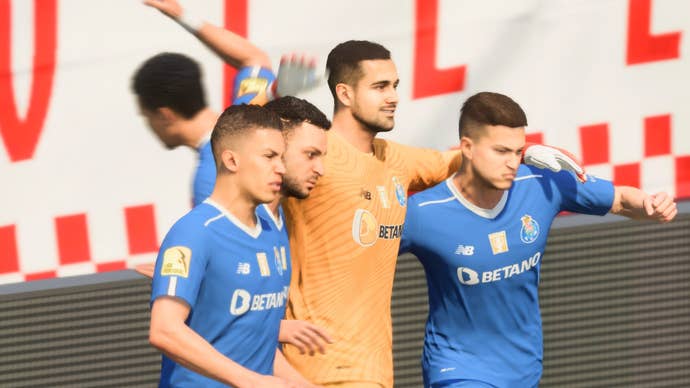 FIFA 23 screenshot showing Costa celebrating with his teammates.