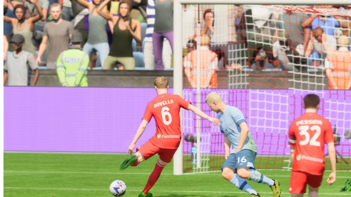 FIFA 23 screenshot showing Rovella taking a shot at goal in front of cheering fans.