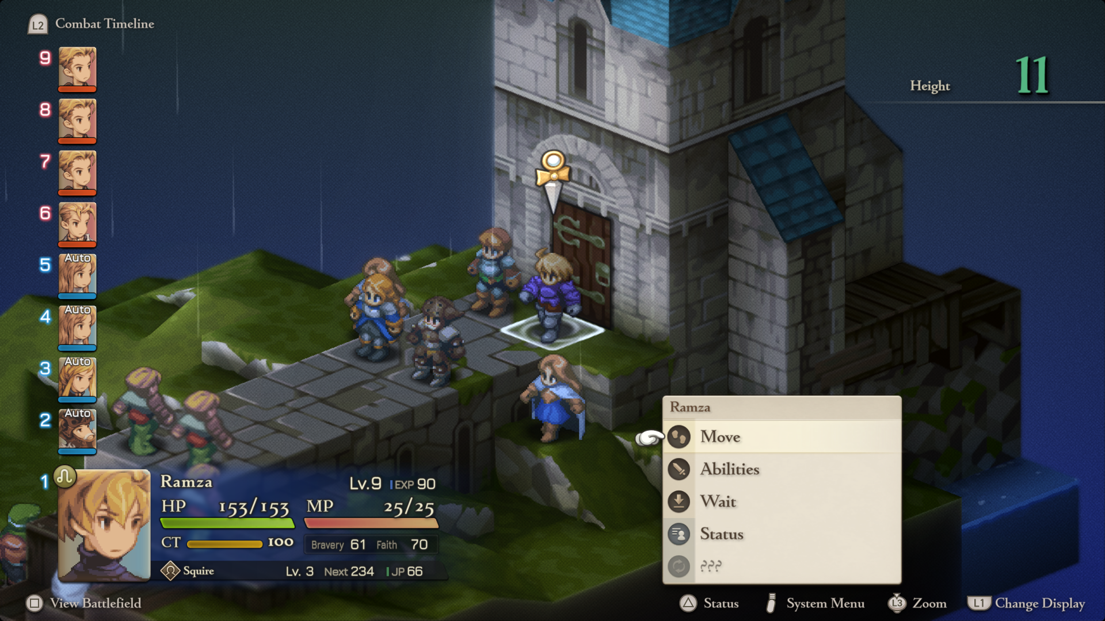 Ramza stands in the rain outside a church during Final Fantasy Tactics' first battle. He is joined by a cadre of mercenaries and knights; they face off against a squad of enemies who stand at the end of a stone path.