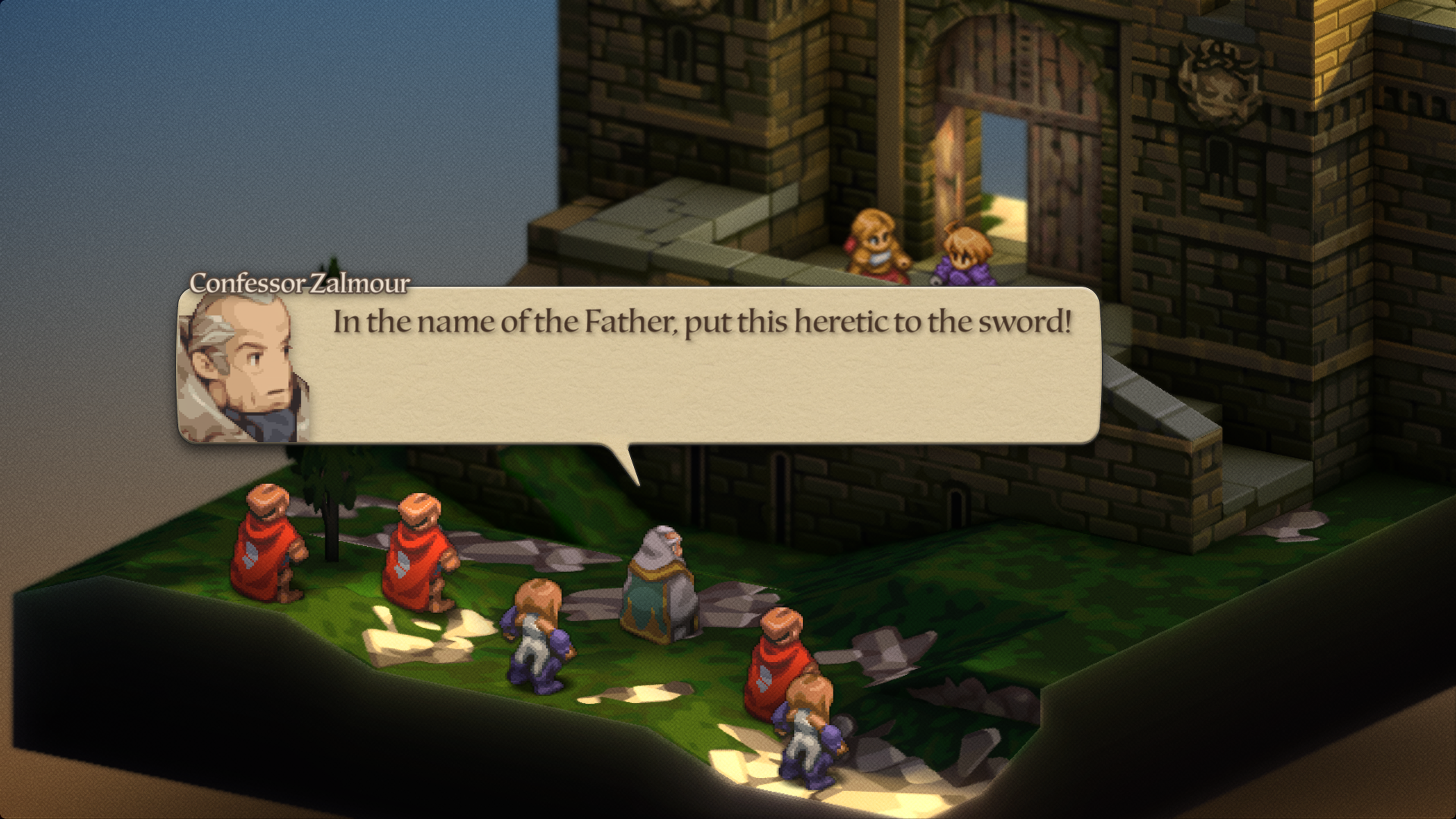 Ramza and his sister Alma are stopped outside a city's walls. A confessor of the Church, Zalmour, stands at the rest with a group of knights and guards. He calls out to them: "In the name of the Father, put this heretic to the sword!"