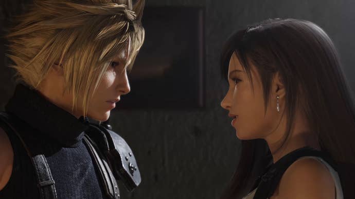 Final Fantasy 7 Rebirth screenshot showing spiky-haired Cloud and love interest Tifa facing each other