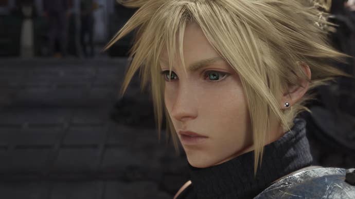 Close up of blonde spiky-haired Cloud from Final Fantasy 7 Rebirth PC trailer
