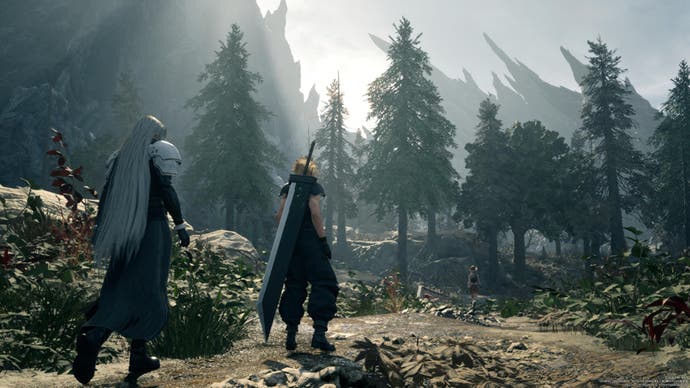 Cloud and Sephiroth walk through Nibelheim environment of tall trees and spiky mountains