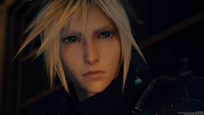 Extreme close up of Cloud with blonde spiky hair looking moody
