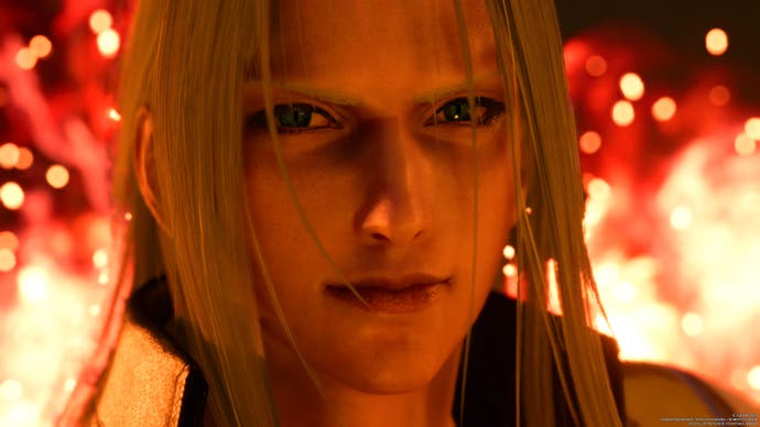 Extreme close-up of Sephiroth with fire behind him