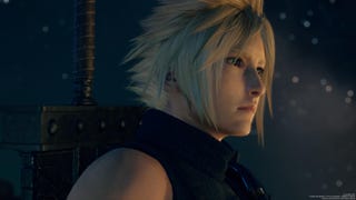 Blonde spiky-haired Cloud from Final Fantasy 7 Rebirth looking to the right with sword on his back
