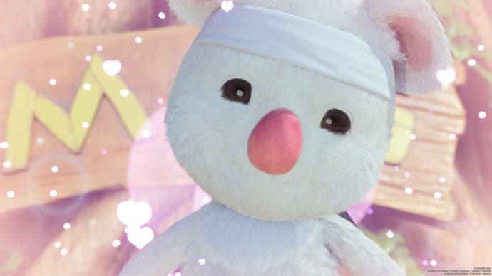 Extreme close up of a white cuddly moogle with pink nose and love hearts
