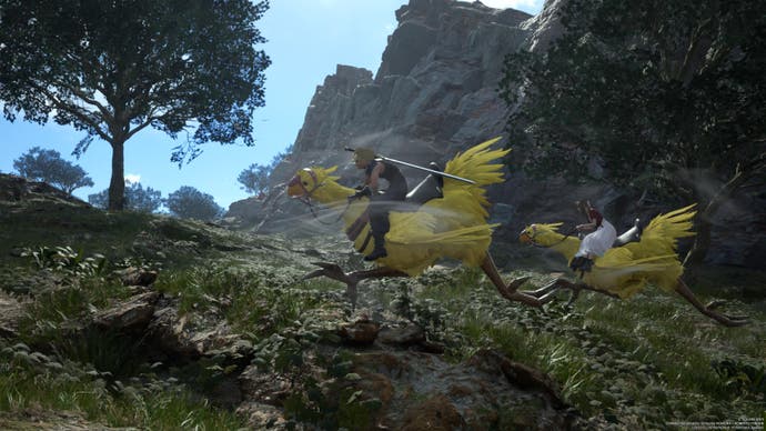 Side view of Cloud and Aerith riding yellow chocobo through lush grassland environment