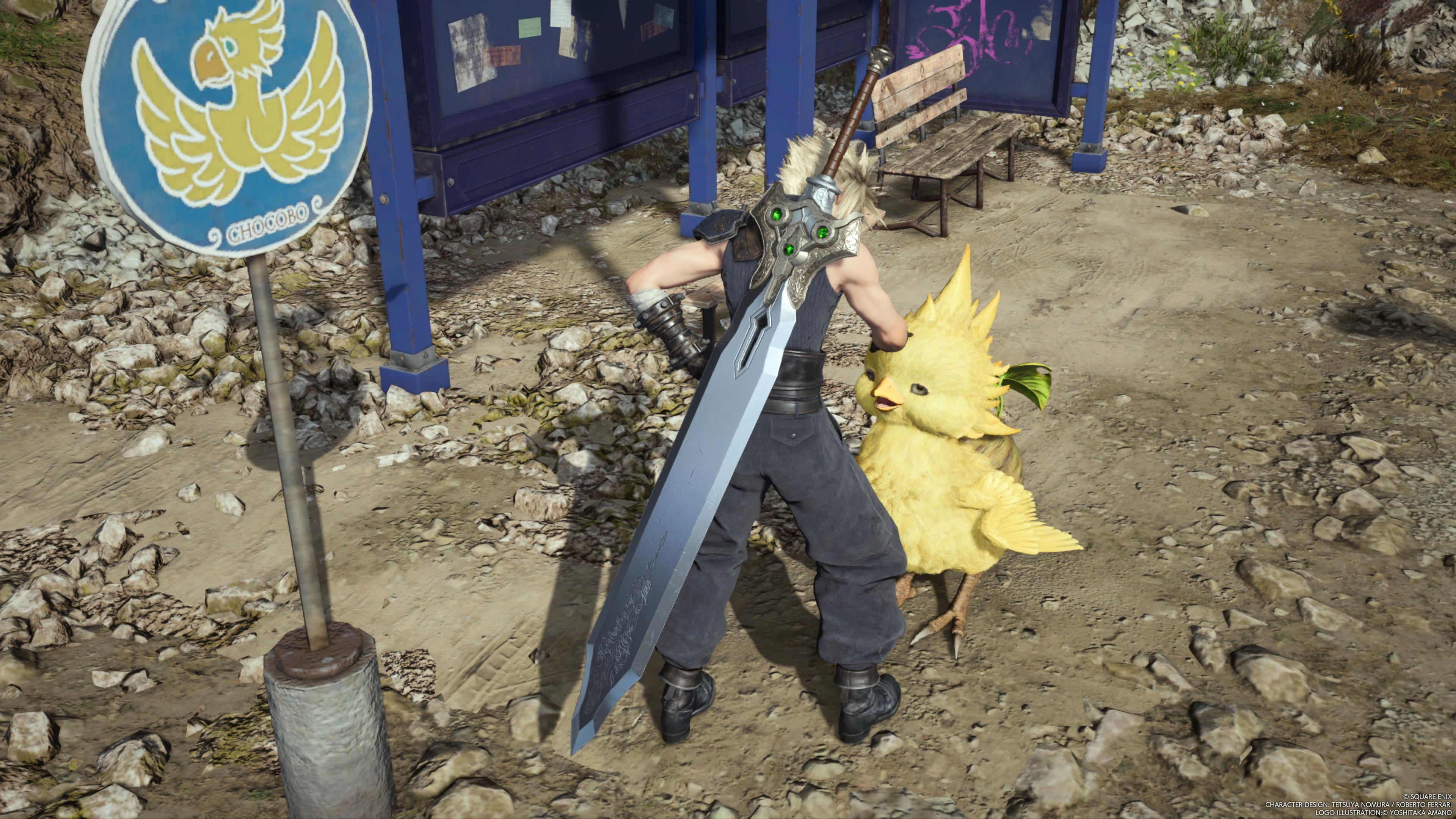 Cloud at a chocobo bus stop petting a baby yellow chocobo