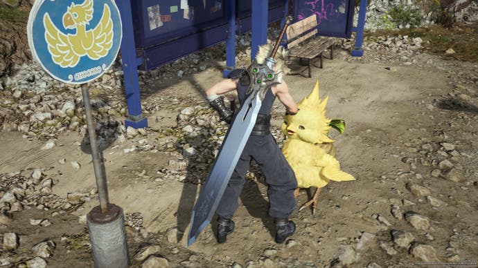 Cloud at a chocobo bus stop petting a baby yellow chocobo