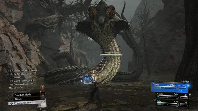Battle screenshot of Cloud and Aerith against a giant serpent in a swamp