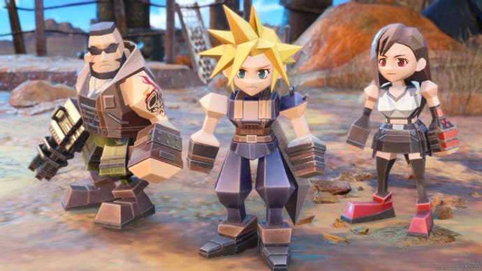 Barret, Cloud and Tifa as polygonal figures from the Fort Condor minigame