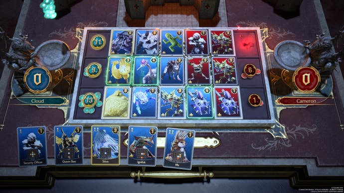 Queen's Blood card game board showing deck of cards and board grid