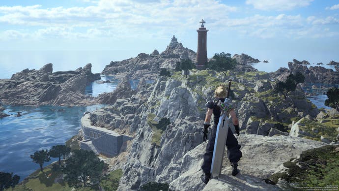 Cloud looks out over mountainous area by the ocean with lighthouse in the distance