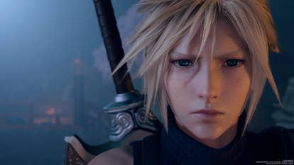 Extreme close up of Cloud with sword at his back looking pensieve