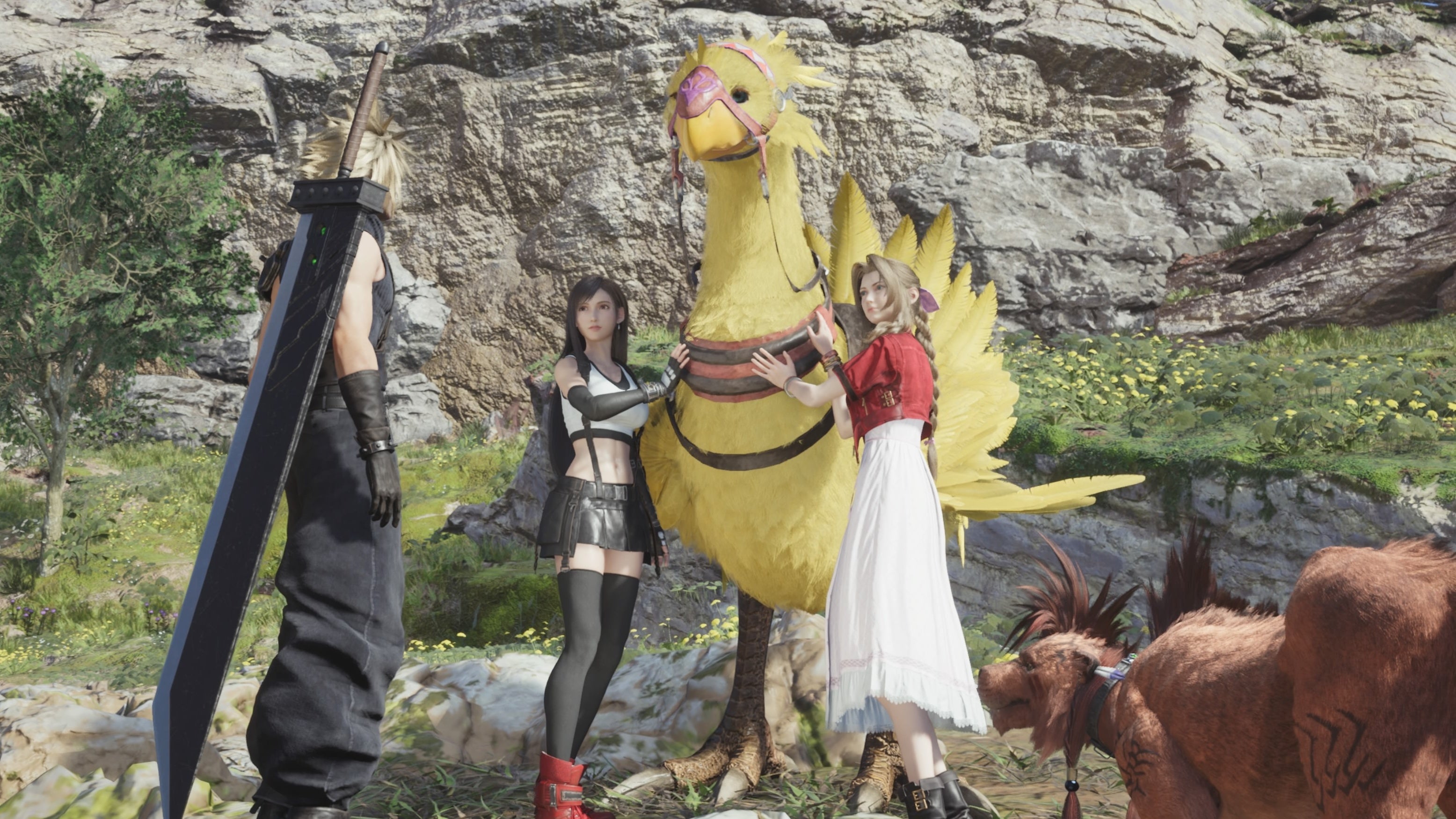 Final Fantasy 7 Rebirth screenshot showing Cloud, Tifa and Aerith with a Chocobo
