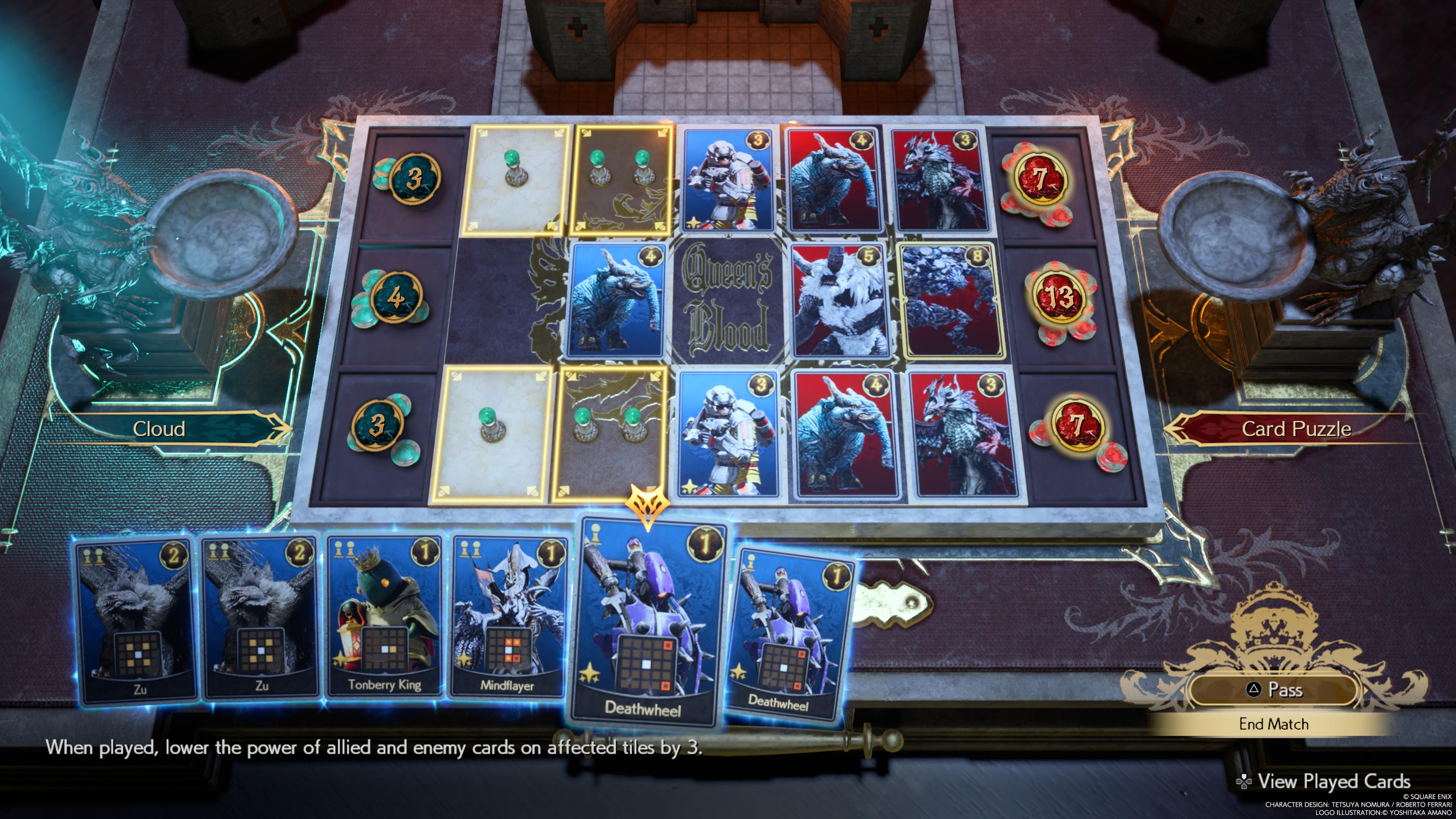 Queen&rsquo;s Blood card game board showing deck of cards and board grid as a static puzzle