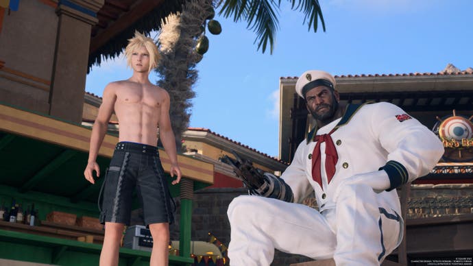 Cloud topless next to Barret in sailor outfit in Costa Del Sol