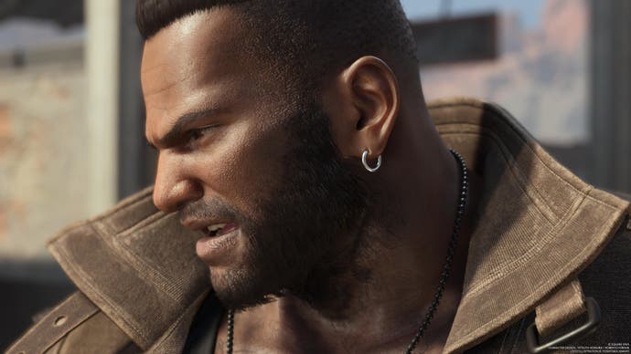 Extreme close up of Barret looking to the left