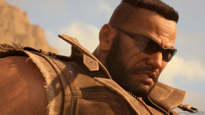 Close up of Barret looking angry wearing sunglasses