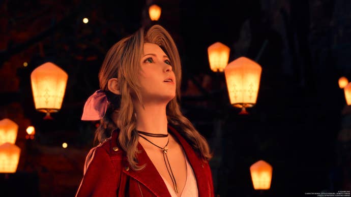 Final Fantasy 7 Rebirth screenshot showing Aerith at night surrounded by paper lanterns