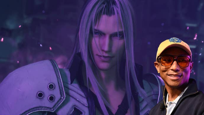Screenshot of Final Fantasy 7 Rebirth villain Sephiroth in purple hue, with rapper Pharrell Williams in the corner wearing cap and shades