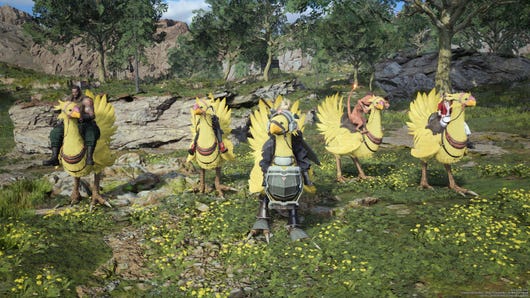 The cast of Final Fantasy VII Rebirth are all riding chocobos in a forest