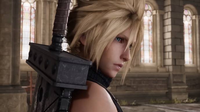 Close up of Cloud over the shoulder in Switch 2 trailer for Final Fantasy 7 Remake