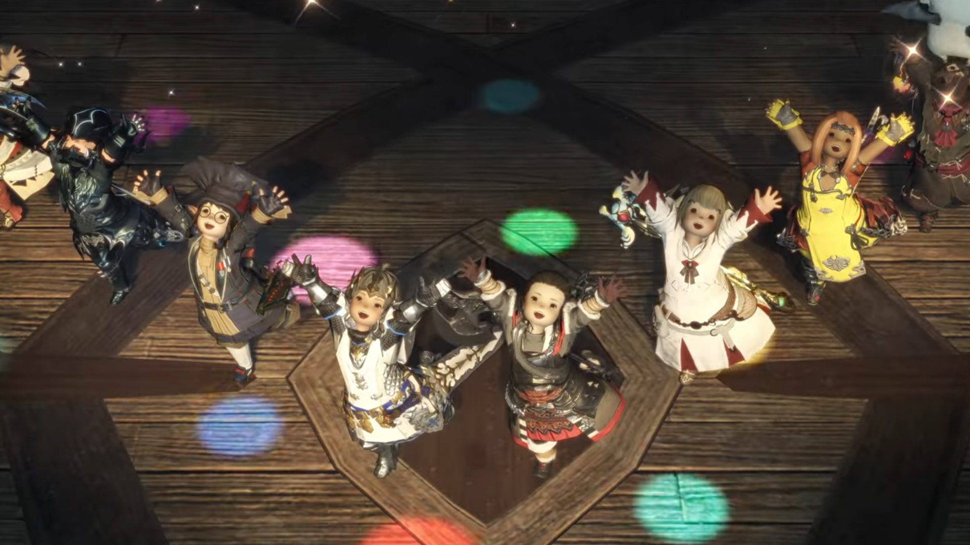 Final Fantasy 14 Mobile trailer screenshot showing line of small Lalafell characters celebrating