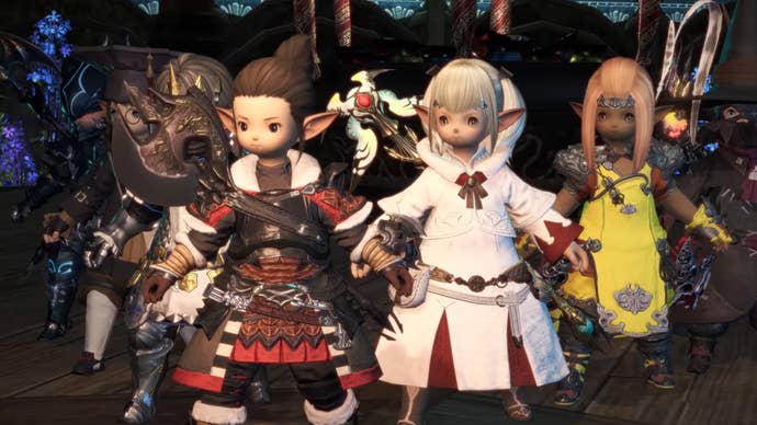 Screenshot of Final Fantasy 14 Mobile reveal trailer showing small Lalafell characters dressed in various job outfits