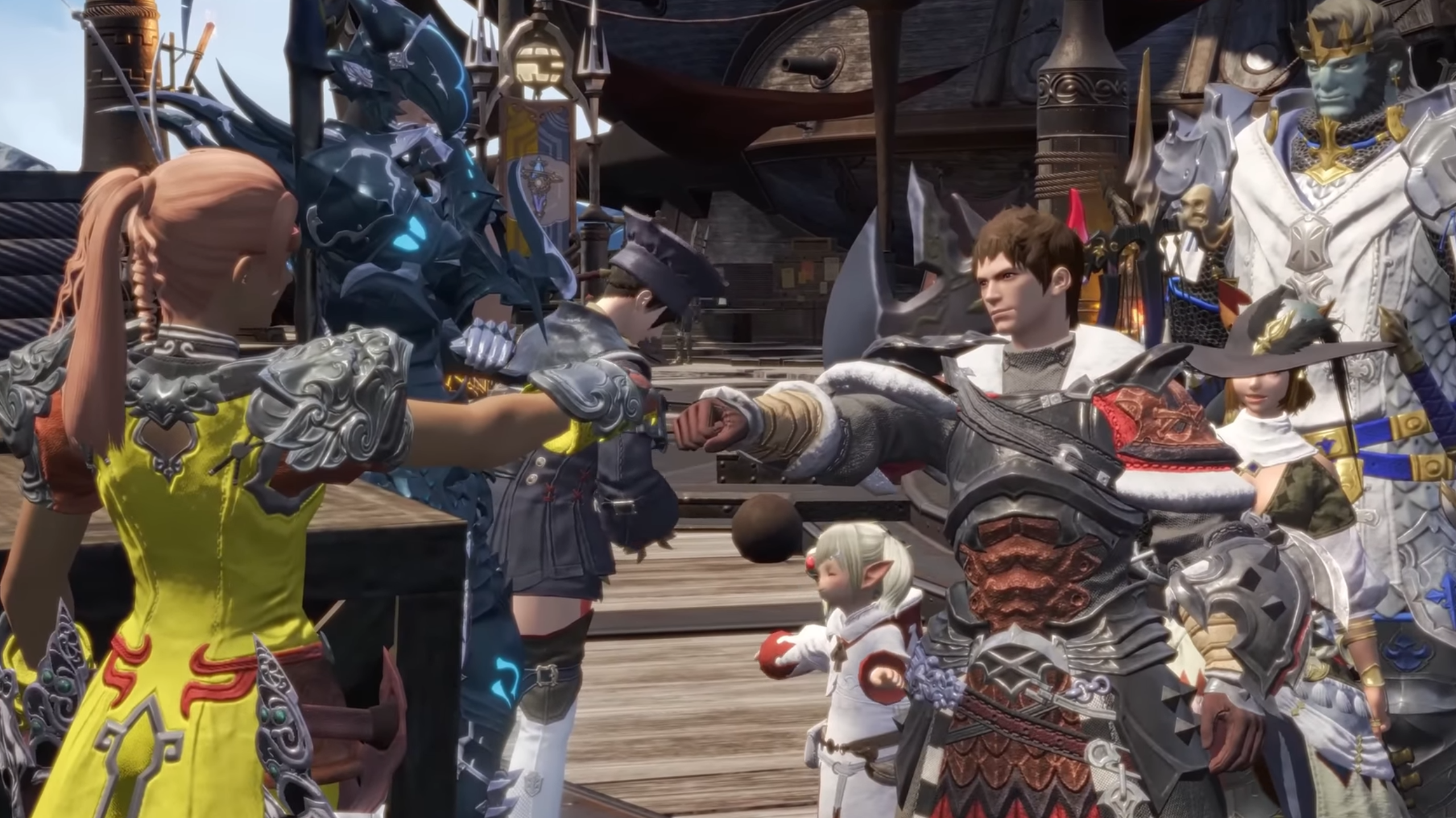 Final Fantasy 14 Mobile screenshot showing player characters fist bumping