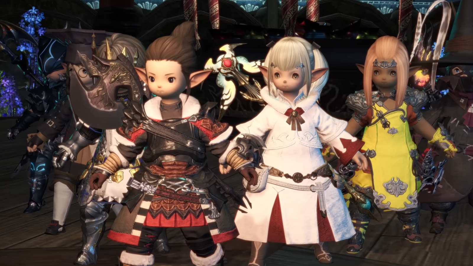 Screenshot of Final Fantasy 14 Mobile reveal trailer showing small Lalafell characters dressed in various job outfits