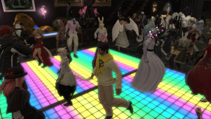 Final Fantasy 14 Pedro Pascal lights up the in-game nightclub dancefloor.
