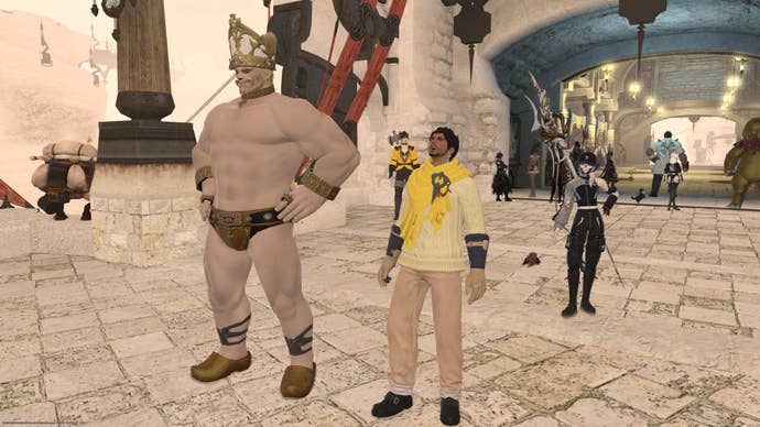 Final Fantasy 14 cosplay Pedro Pascal looks up at a semi-naked, pope-like character