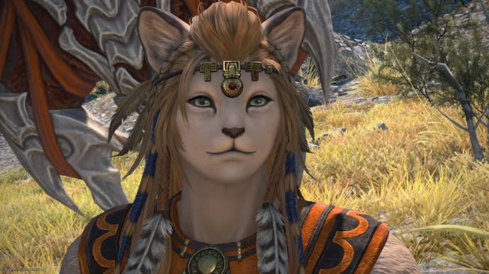 Close up of female cat lady Hrothgar Wuk Lamat from Final Fantasy 14 Dawntrail