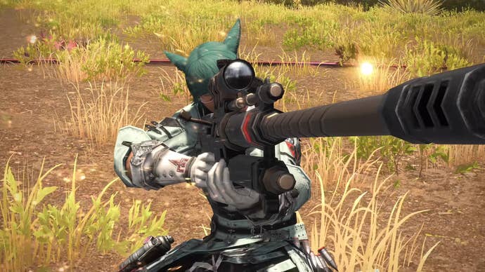 Screenshot of Final Fantasy 14 patch 7.1 trailer showing green-haired cat boy aiming a sniper rifle