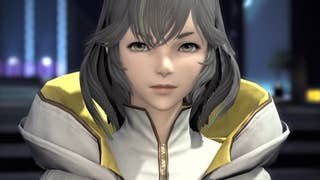Final Fantasy 14 trailer screenshot showing close-up of Sphene, with short grey hair and oversized yellow collar